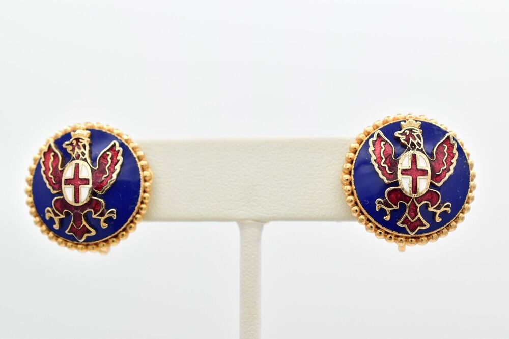 Coro Vintage Shield Earrings Screw Back Enamel Eagle Blue Red Signed 1920s BinBF